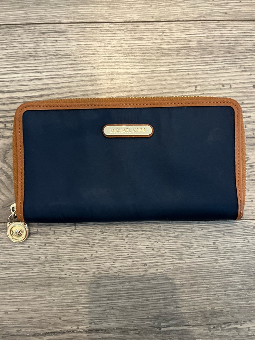 Michael Kors Kempton Zip-Around Continental Wallet Nylon Navy Tan Gold Leather